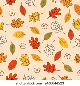 Seamless pattern with autumn Leaves, acorns and oak leaves for wallpaper, gift paper, pattern fills, textile, fall greeting cards.