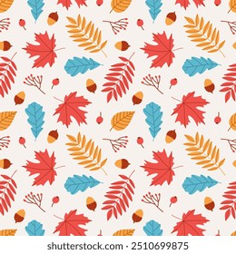 Padrão sem emenda com folhas de outono, bolotas e folhas de carvalho. Perfeito para papel de parede, papel de presente, preenchimentos padrão, têxtil, cartões de saudação de queda. Ilustração vetorial