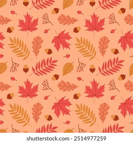 Seamless pattern with autumn Leaves, acorns and oak leaves. Perfect for wallpaper, gift paper, pattern fills, textile, fall greeting cards. Vector illustration