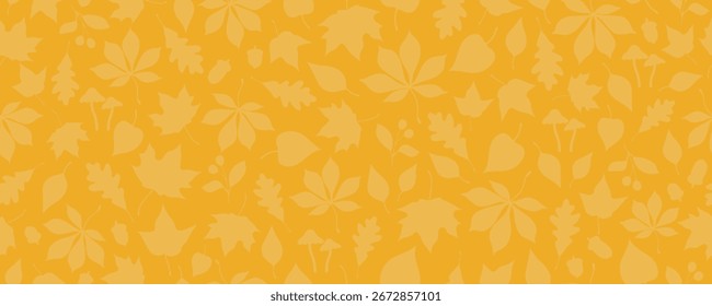 Seamless pattern with autumn leaves, acorns, berries and mushrooms on yellow background. Repeated seasonal texture. Autumn season and thanksgiving celebration banner