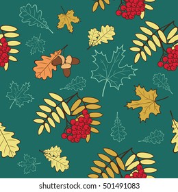 Seamless pattern with autumn leaves and acorns.