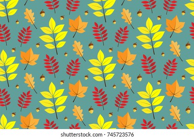 Seamless pattern with autumn leaves and acorns 