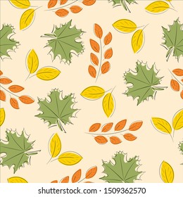 Seamless pattern with autumn leaves, apple and acorns. Perfect for wallpapers, wrapping papers, pattern fills, textile, autumn greeting cards, Thanksgiving Day cards. Hand drawn background. 