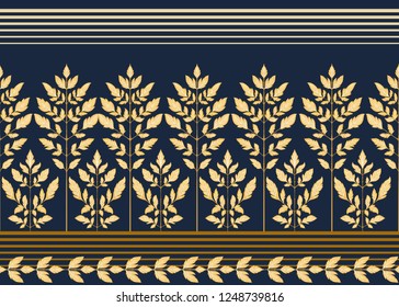 Patrón sin inconvenientes con hojas de otoño En estilo Art Nouveau, vintage, antiguo, estilo retro en fondo azul marino. Ilustración vectorial coloreada.