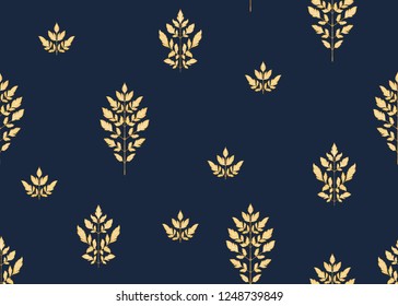Seamless pattern with autumn leaves In art nouveau style, vintage, old, retro style on navy blue background. Colored vector illustration.