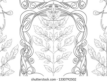 Seamless pattern with autumn leaves In art nouveau style, vintage, old, retro style. Outline hand drawing vector illustration.