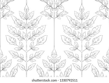 Seamless pattern with autumn leaves In art nouveau style, vintage, old, retro style. Outline hand drawing vector illustration.