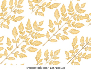 Seamless pattern with autumn leaves  In art nouveau style, vintage, old, retro style. Outline hand drawing vector illustration.