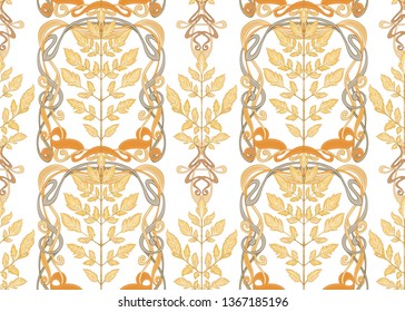 Seamless pattern with autumn leaves  In art nouveau style, vintage, old, retro style. Outline hand drawing vector illustration.