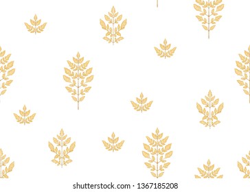Seamless pattern with autumn leaves  In art nouveau style, vintage, old, retro style. Outline hand drawing vector illustration.