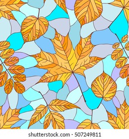 Seamless pattern with autumn leaves. Seamless background with maple, acacia, acer and linden leaves in stained glass style