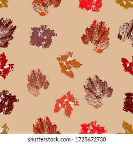 Seamless pattern with autumn leaves. Beautiful colorful  on color background. Abstract style.  Stock vector illustration for decoration and design, children's books and coloring, fabrics.