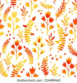 Seamless pattern with autumn leaves. Beautiful and cute background. Watercolor texture.