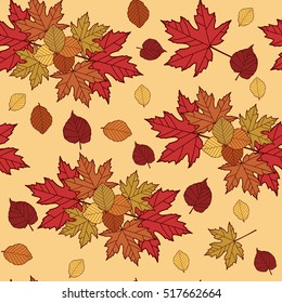 seamless pattern of autumn leaves. a beautiful patern of maple and aspen leaves in flat design, Golden autumn