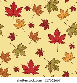 seamless pattern of autumn leaves. a beautiful patern of maple and aspen leaves in flat design, Golden autumn