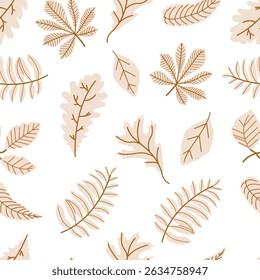 Seamless pattern of autumn leaves in beige colors. Vector monochrome illustration. Maple, oak and rowan leaf, acorn, background for fabric, wallpaper or gift wrapping print.