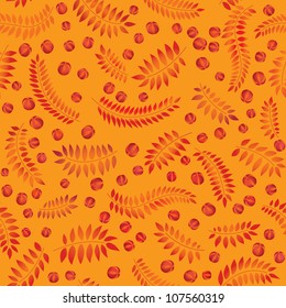 seamless pattern with autumn leaves and berries on yellow background