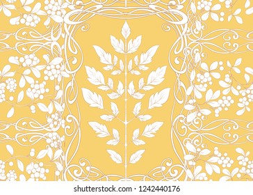 Seamless pattern with autumn leaves and berries In art nouveau style, vintage, old, retro style. Vector illustration In  soft yellow colors..