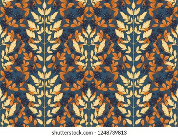 Seamless pattern with autumn leaves and berries In art nouveau style, vintage, old, retro style on navy blue background. Colored vector illustration.