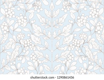 Seamless pattern with autumn leaves and berries In art nouveau style, vintage, old, retro style. Vector illustration In vintage blue and beige colors.