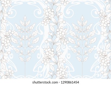 Seamless pattern with autumn leaves and berries In art nouveau style, vintage, old, retro style. Vector illustration In vintage blue and beige colors.