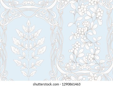 Seamless pattern with autumn leaves and berries In art nouveau style, vintage, old, retro style. Vector illustration In vintage blue and beige colors.