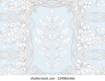 Seamless pattern with autumn leaves and berries In art nouveau style, vintage, old, retro style. Vector illustration In vintage blue and beige colors.