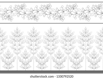 Seamless pattern with autumn leaves and berries In art nouveau style, vintage, old, retro style. Outline hand drawing vector illustration.