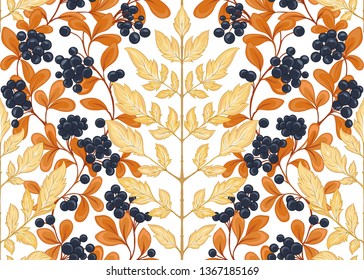 Seamless pattern with autumn leaves and berries In art nouveau style, vintage, old, retro style. Isolated on white background.