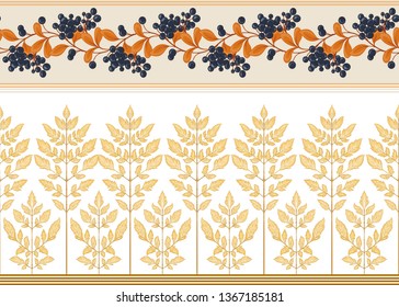 Seamless pattern with autumn leaves and berries In art nouveau style, vintage, old, retro style. Isolated on white background.