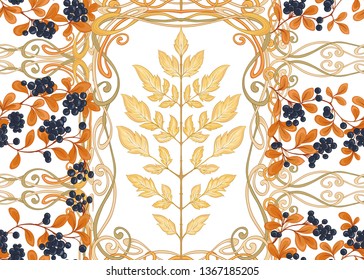 Seamless pattern with autumn leaves and berries In art nouveau style, vintage, old, retro style. Isolated on white background.