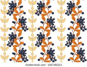 Seamless pattern with autumn leaves and berries In art nouveau style, vintage, old, retro style. Isolated on white background.