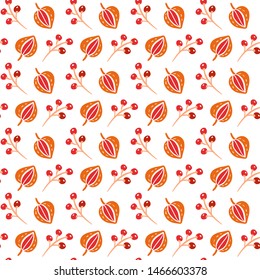Seamless pattern with autumn leaves and berries in Orange and Brown colors. Perfect for wallpaper, gift paper, pattern fills, web page background, autumn greeting cards