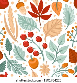 Seamless pattern of autumn leaves, berries and acorn. Fall season. Orange foliage of forest tree, rowanberry. Autumn Harvest. Flat style vector cartoon illustration.