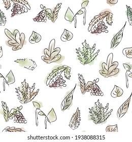 Seamless Pattern, Autumn Leaves And Berries. Watercolor, Brush. Black And White Drawing. Leaf Fall, Mountain Ash, Birch. Outline, Sketch, Doodle. Print For Fabric. Background, Wallpaper. Cover Design.