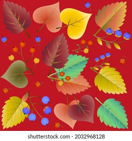 Patrón sin foco con hojas y bayas otoñales sobre un fondo rojo. Temporada de otoño, Cosecha. Fondo de acción de gracias para impresiones, tela, textiles, embalaje, invitaciones.