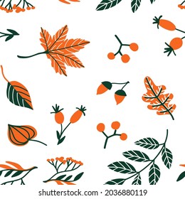 Seamless pattern autumn leaves and berries isolated on white. Vector illustration for card, textile, fabric, wallpaper, wrapping, scrapbooking