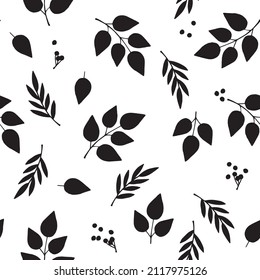 Seamless pattern with autumn leaves and berries in black and white. Perfect for wallpaper, gift paper, pattern fills, web page background, autumn greeting cards.