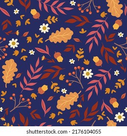 Patrón sin foco con hojas de otoño, bayas, bellotas y flores. Gráficos vectoriales.