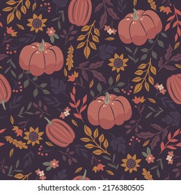 Seamless pattern with autumn leaves, berries, pumpkins and flowers. Vector graphics.