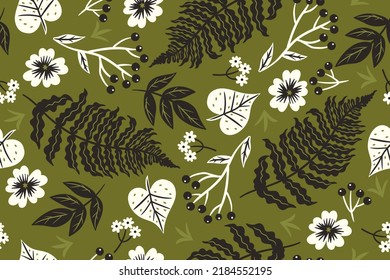 Seamless pattern with autumn leaves and berries. Vector graphics.