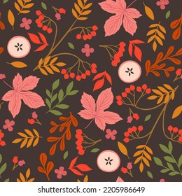 Seamless pattern with autumn leaves, berries, branches. Vector graphics.