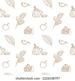 Seamless pattern with autumn leaves, berries, cup, apple, apple pie. Perfect for wallpaper, gift paper, pattern, web page background, autumn greeting cards. Vector outline illustration.