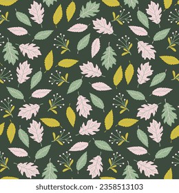 Seamless pattern with autumn leaves and berries. Fall background. Perfect for wallpaper, wrapping paper, textile, web page background, greeting cards. Vector illustration.