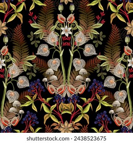 Seamless pattern with autumn leaves, berries and seeds. Vector