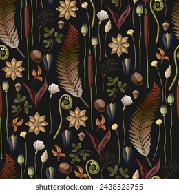 Seamless pattern with autumn leaves, berries and seeds. Vector