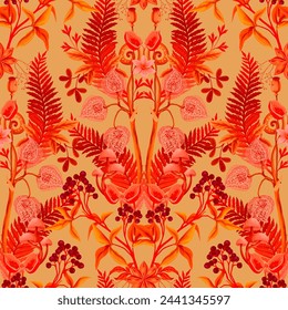 Seamless pattern with autumn leaves, berries and seeds. Vector