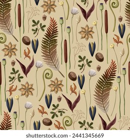 Seamless pattern with autumn leaves, berries and seeds. Vector