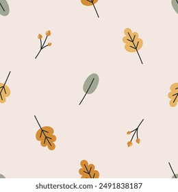 Seamless pattern with autumn leaves and berries. For fabric, wrapping, cards, textile, wallpaper, apparel. Isolated vector cartoon illustration in flat style on white background.