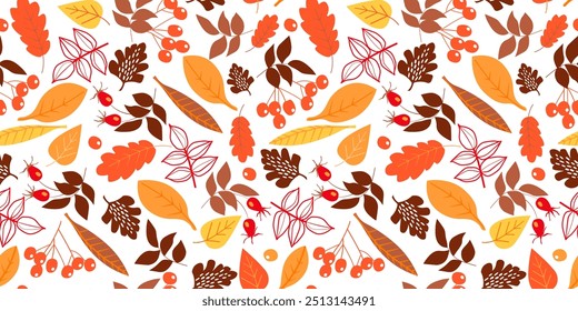 
Seamless pattern with autumn leaves, berries, pine cones. Natural print. Vector graphics.